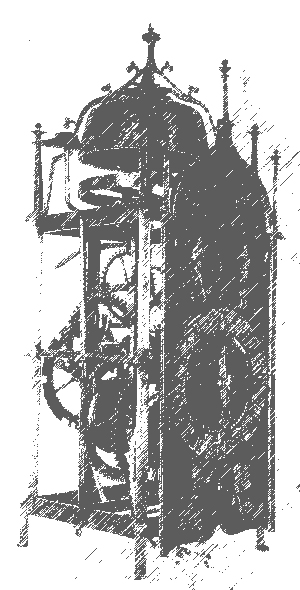 Gotische Eisenuhr mit massiven Eisenpfeilern und Kreuzblumen